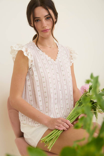 STRIPE FLORAL V NECK LACE TRIM BUTTON DOWN BLOUSE