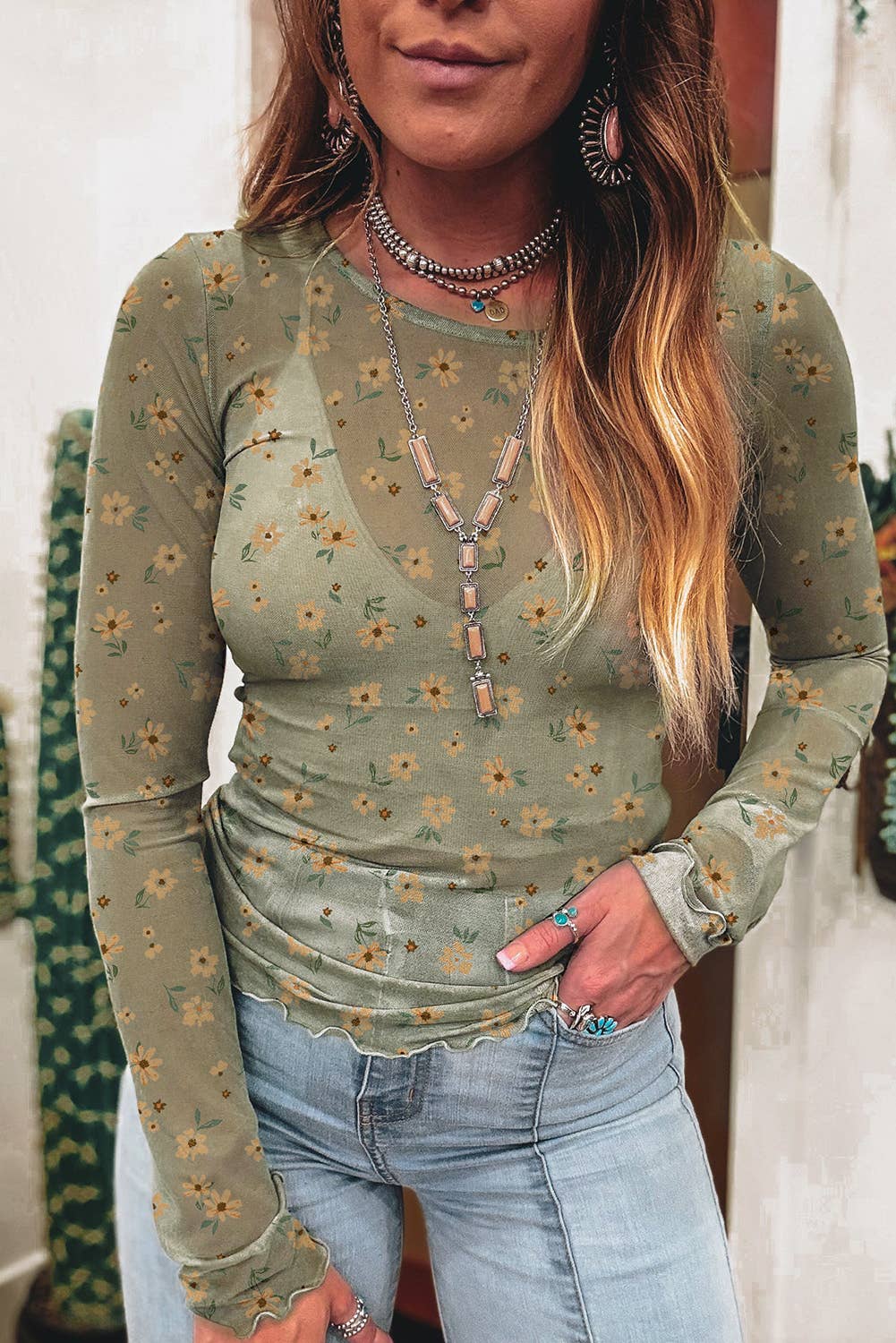 Vintage Floral Mesh Long Sleeve Top | Southern Style Sheer Layering Blouse