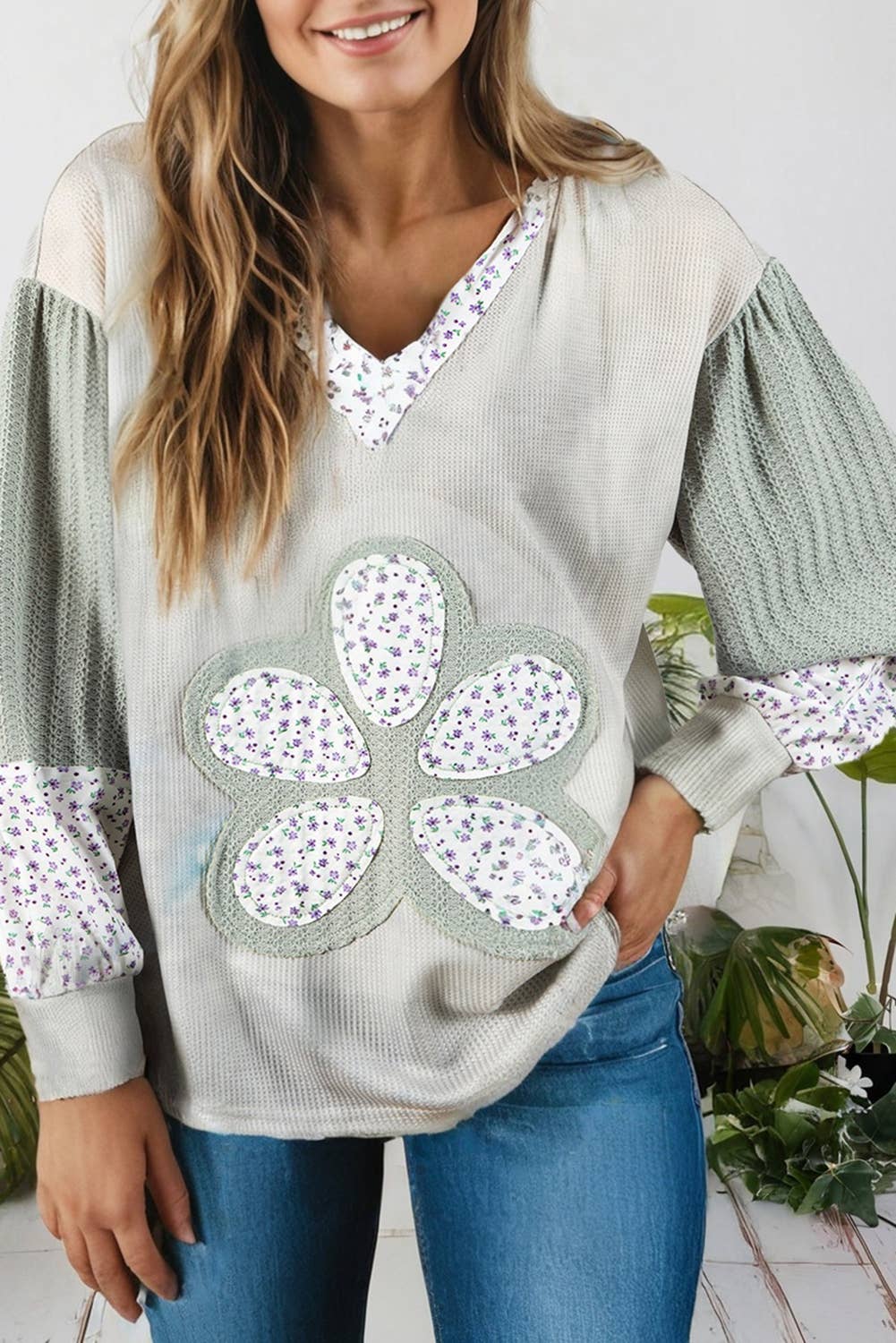 Floral Patch Waffle Colorblock Hooded Top