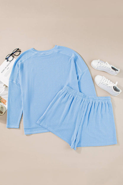 Textured Long Sleeve Top Drawstring Shorts Set