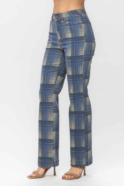 High Waist Judy Blue Vintage Look Plaid Straight
