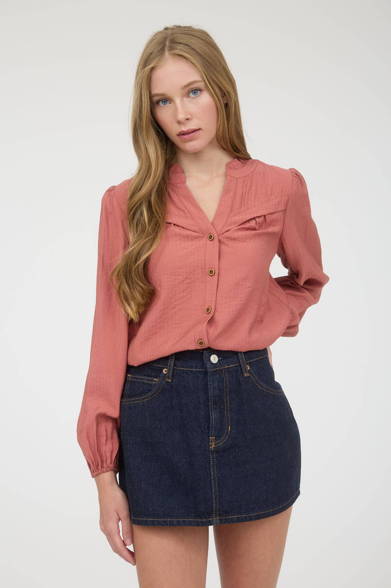 Ruffle Neck Button-Down Long Sleeve Top | Chic Woven V-Neck Blouse