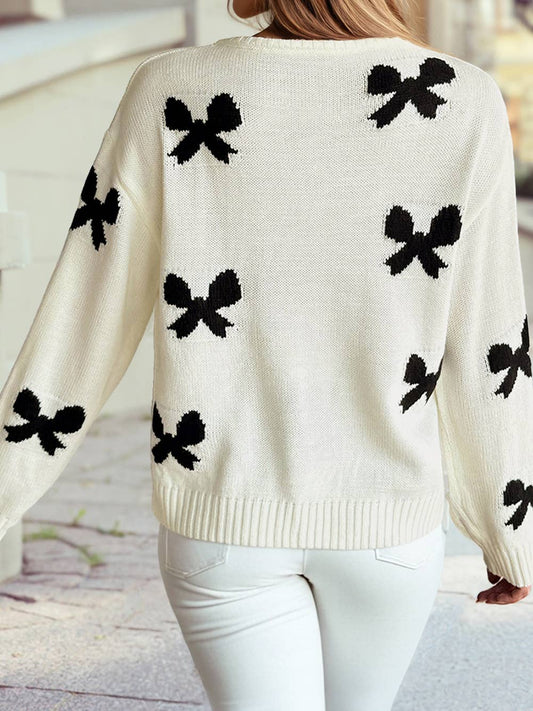 Lace-Up Bow Pattern Sweater Cardigan – White