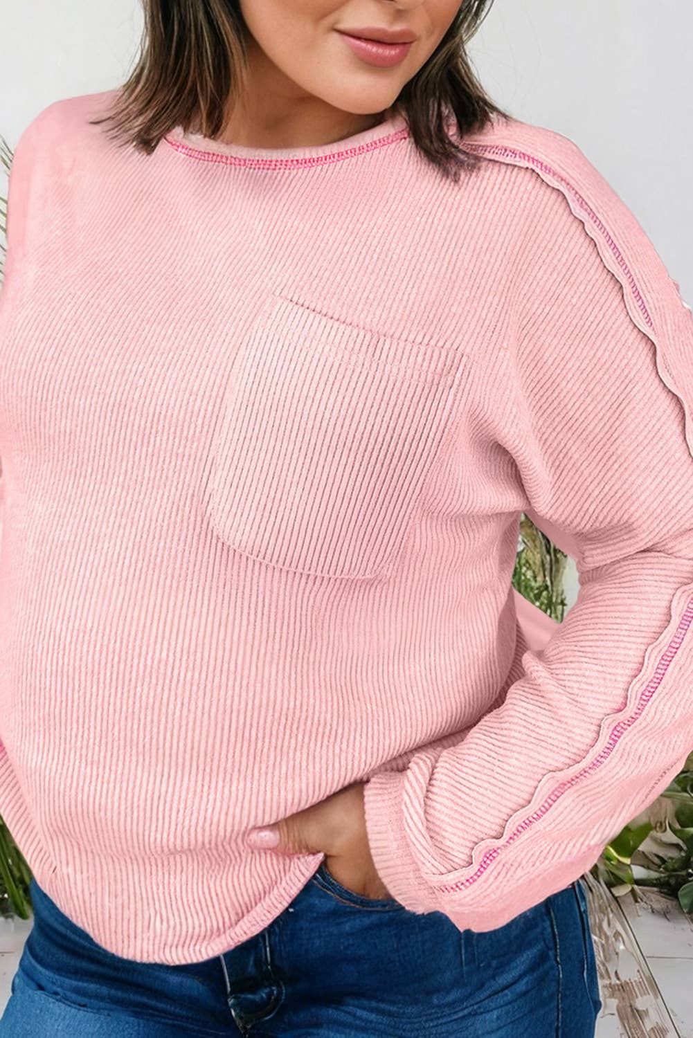 Brushed Ribbed Exposed Seam Plus Size Knit Top