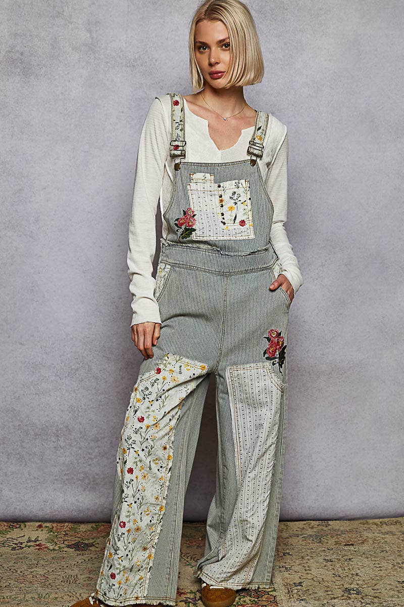 Oversized Patchwork Twill Overall with Embroidery – Soft Denim
