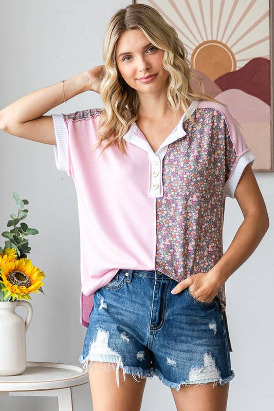 Floral Half Panel Detail Button Front Short Sleeve Top