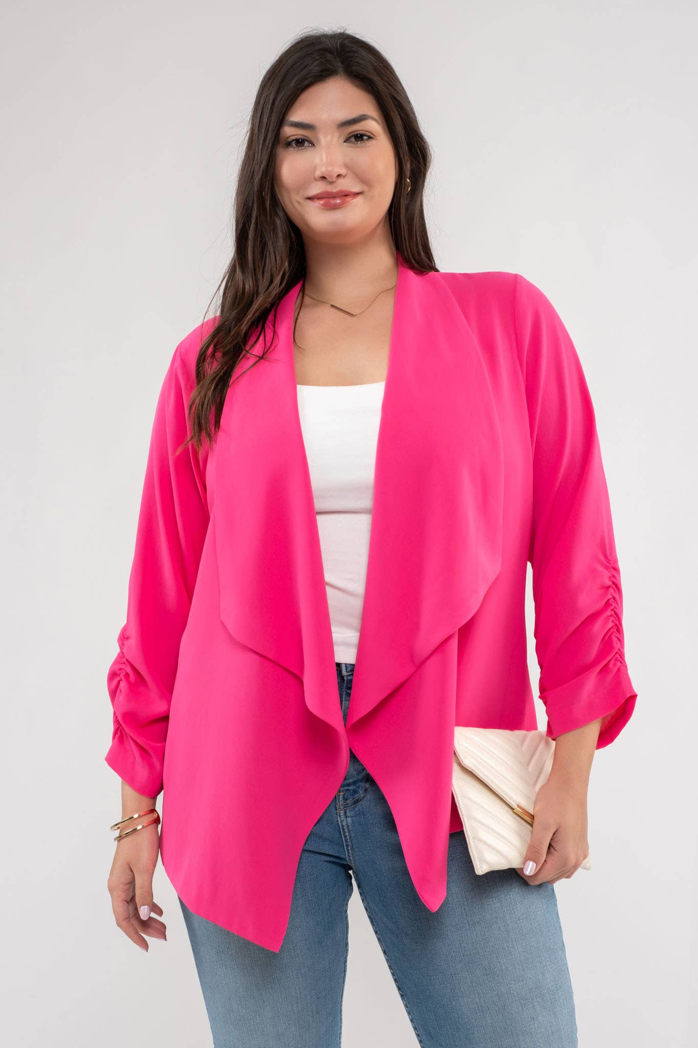 Ruched Sleeve 3/4 Length Blazer with Draped Collar
