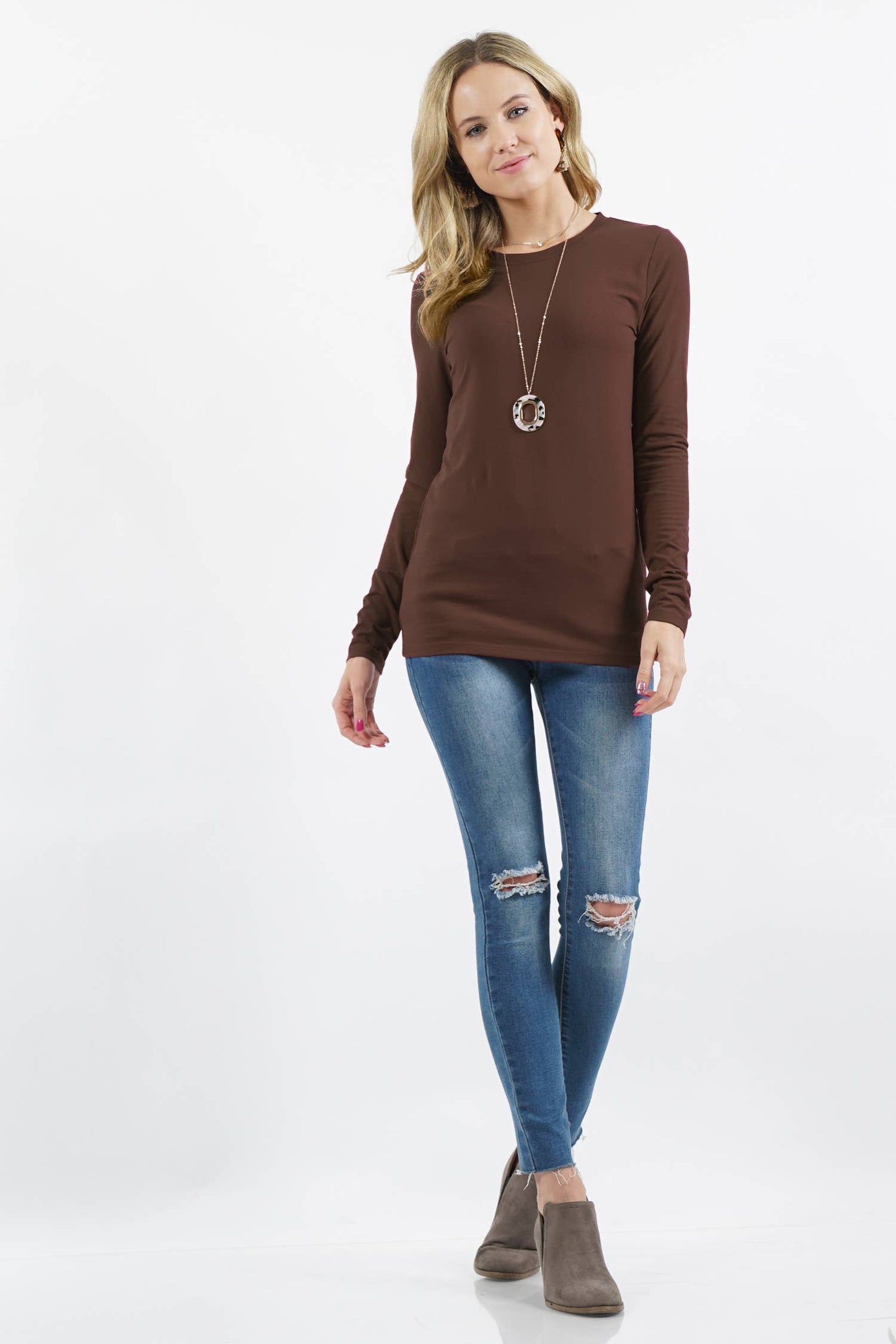 Brushed Microfiber Long Sleeve Tee | Soft Stretch Boutique Top