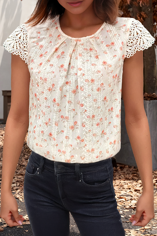 Floral Embroidery Detail Crochet Cap Sleeve Blouse