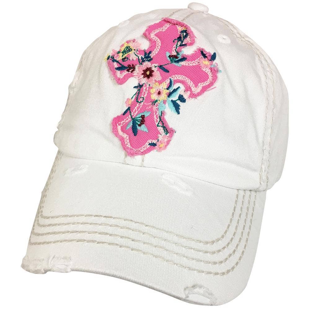 Vintage Distressed White Ball Cap with Floral Cross Embroidery