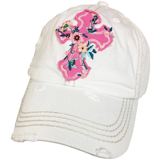 Vintage Distressed White Ball Cap with Floral Cross Embroidery
