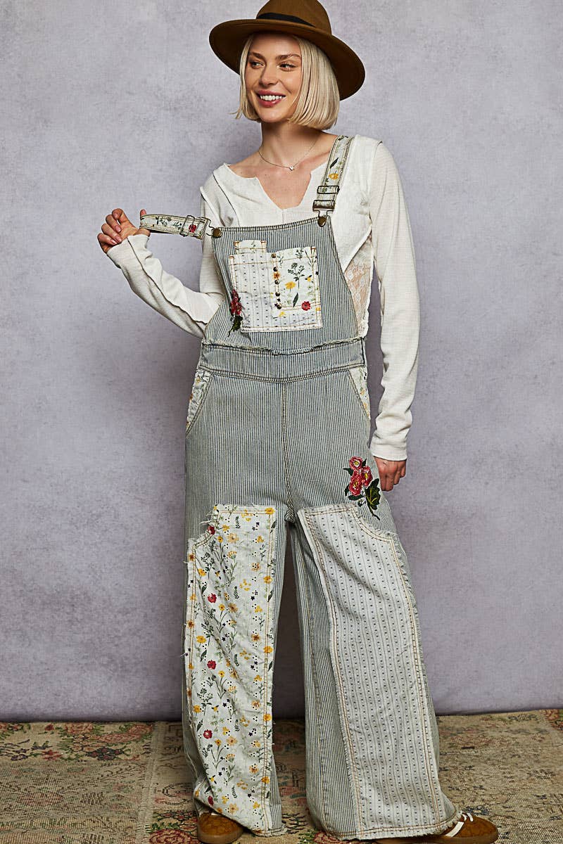 Oversized Patchwork Twill Overall with Embroidery – Soft Denim