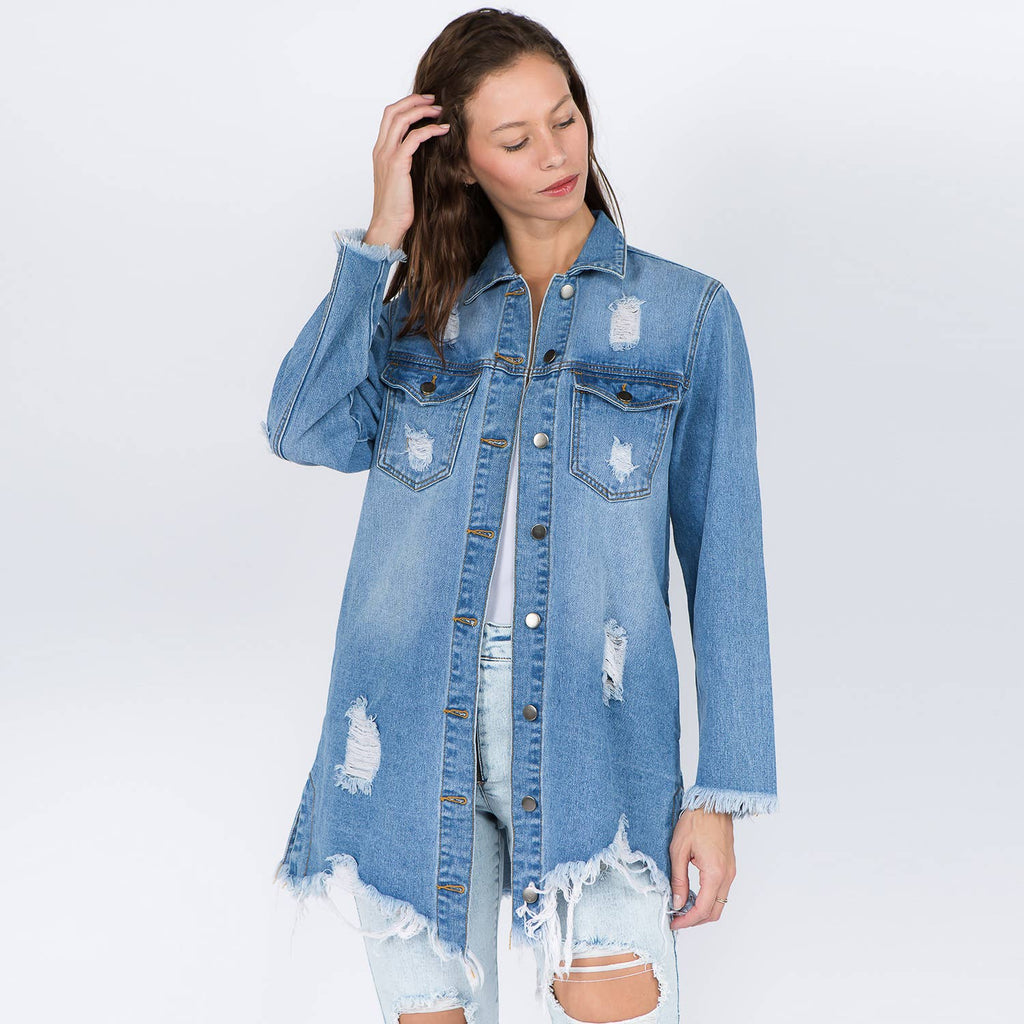 Distressed Denim Shirt Jacket Button Front Raw Hem Casual Jean Style