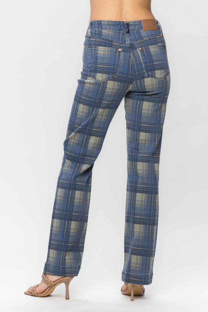 High Waist Judy Blue Vintage Look Plaid Straight