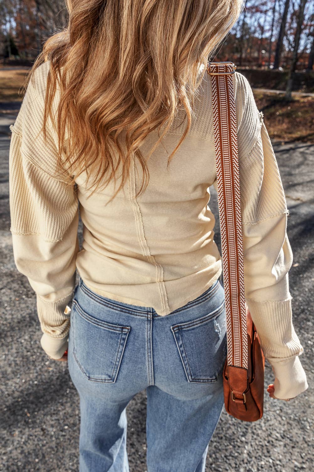Ribbed Knit Patchwork Exposed Seam Crew Neck Top