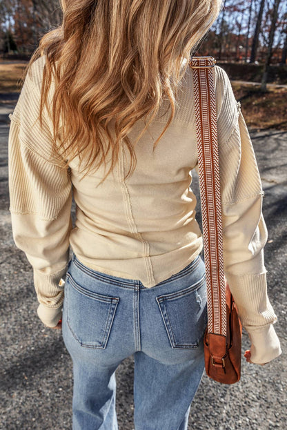 Ribbed Knit Patchwork Exposed Seam Crew Neck Top