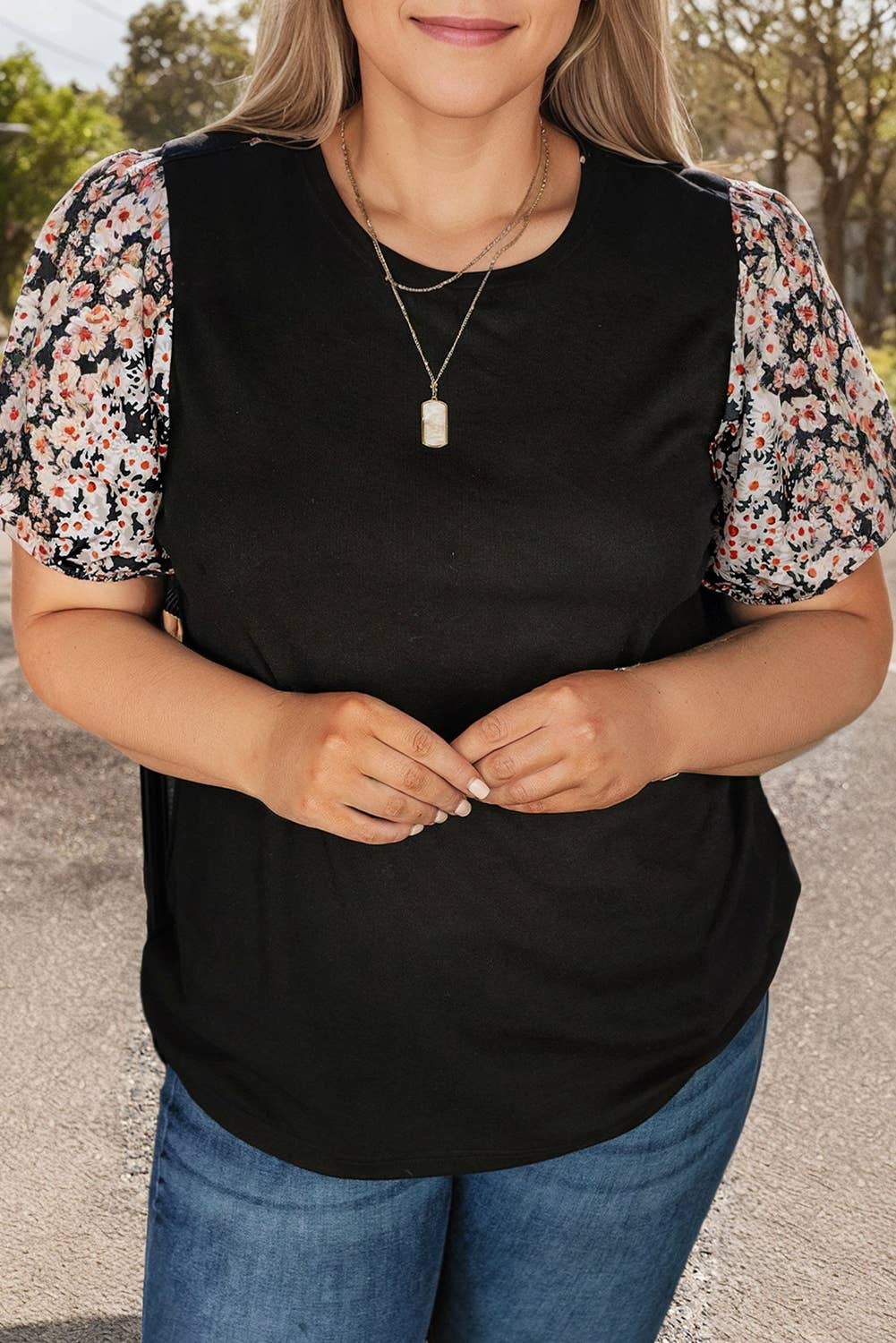 Plus Size Daisy Printed Short Bubble Sleeve