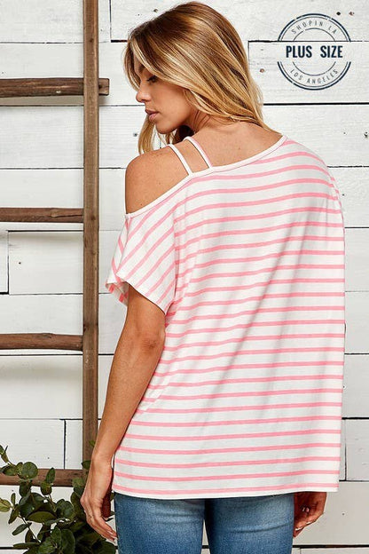 PINK STRIPED SHOULDER TOP WITH STRANDS