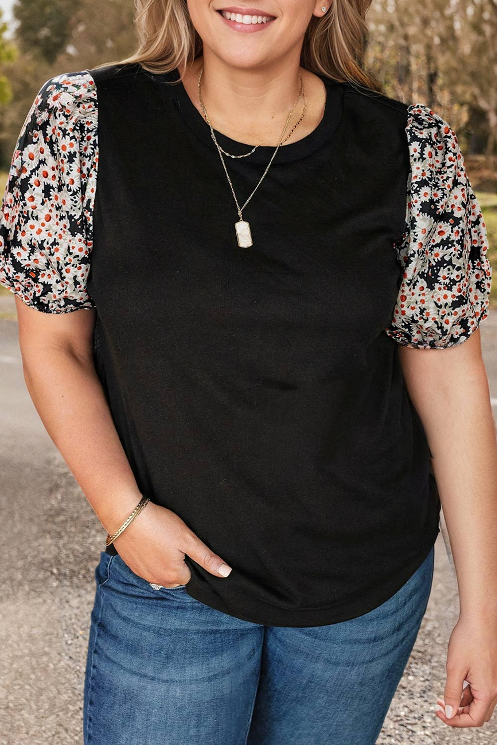 Plus Size Daisy Printed Short Bubble Sleeve