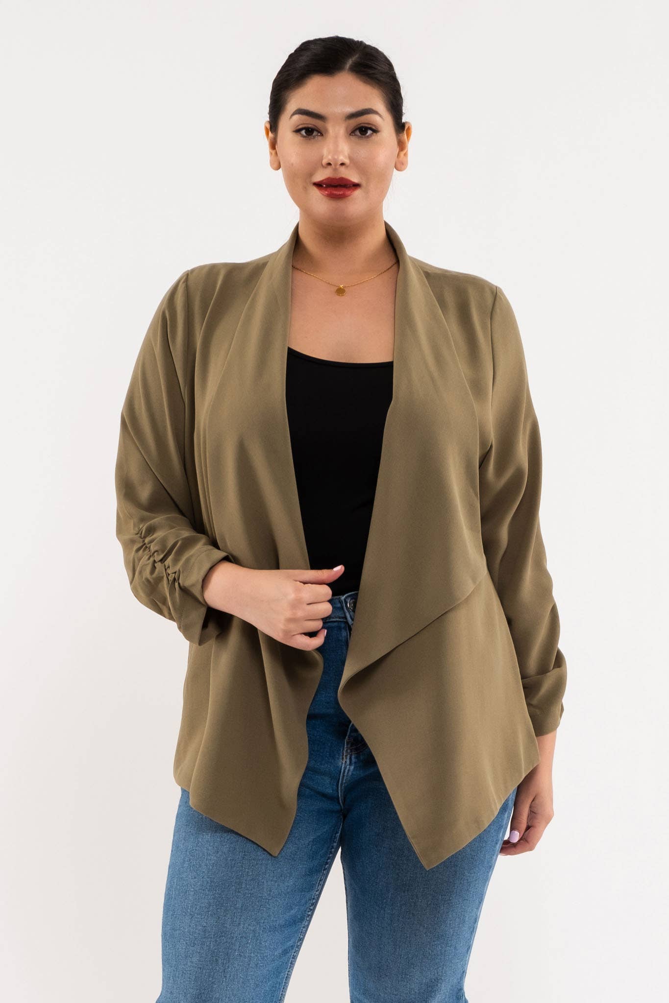 Ruched Sleeve 3/4 Length Blazer with Draped Collar