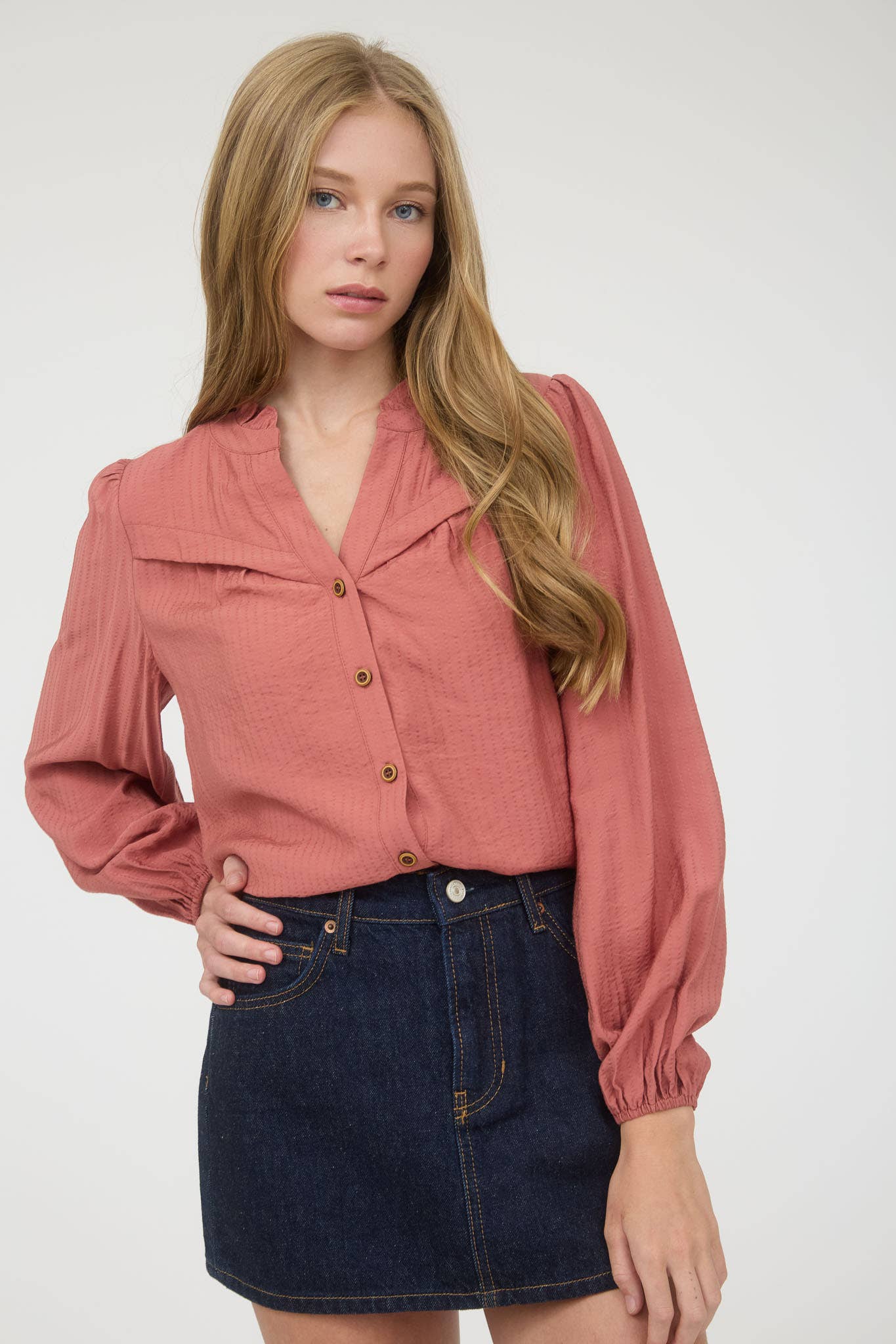 Ruffle Neck Button-Down Long Sleeve Top | Chic Woven V-Neck Blouse