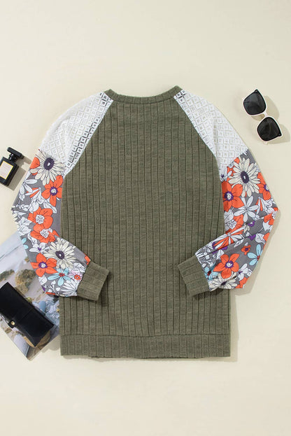 Floral Patchwork Round Neck Ribbed Blouse