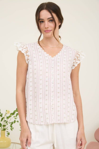 STRIPE FLORAL V NECK LACE TRIM BUTTON DOWN BLOUSE