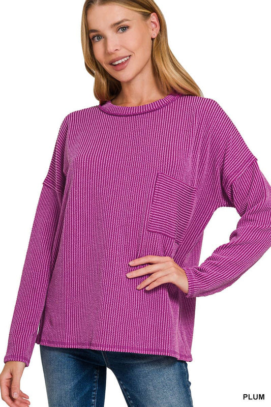 Corded Rib Long Sleeve Drop Shoulder Top