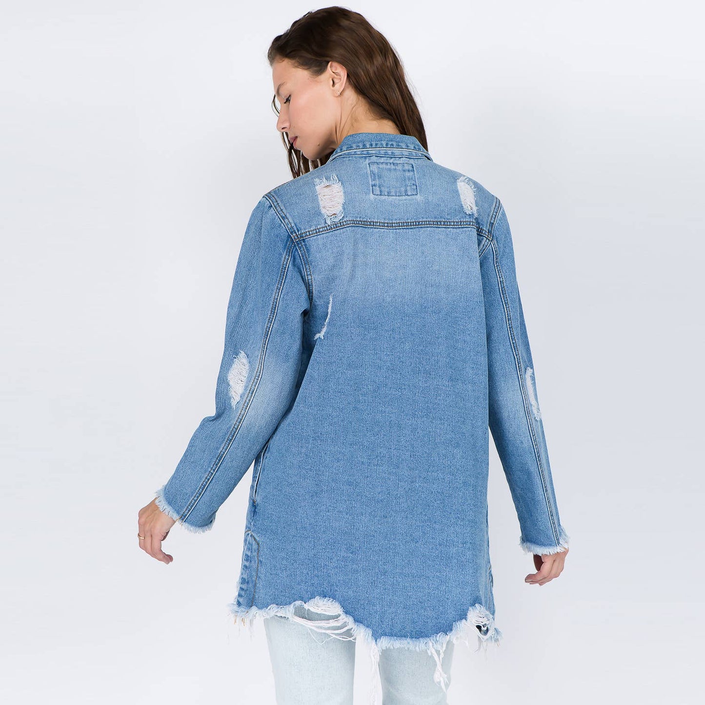 Distressed Denim Shirt Jacket with Button Front & Raw Hem