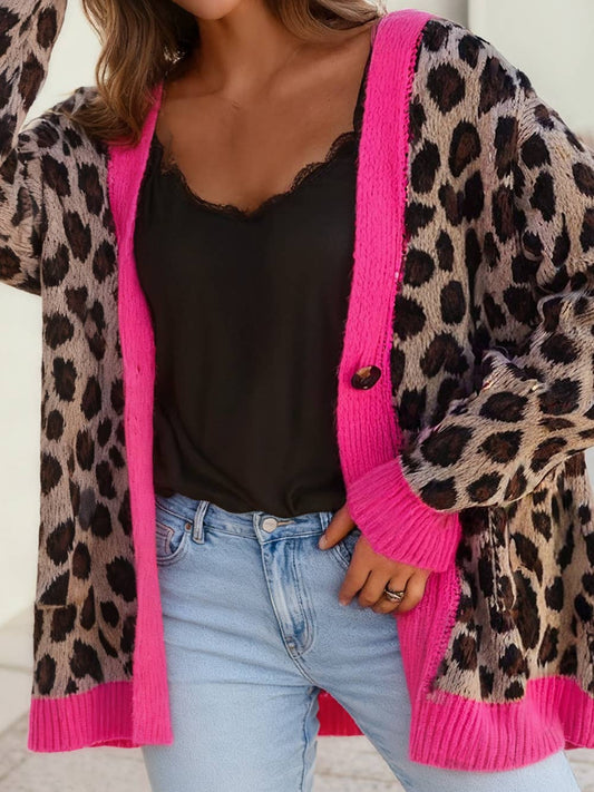 Leopard Colorblock Trim Button Down Sweater Cardigan – Khaki