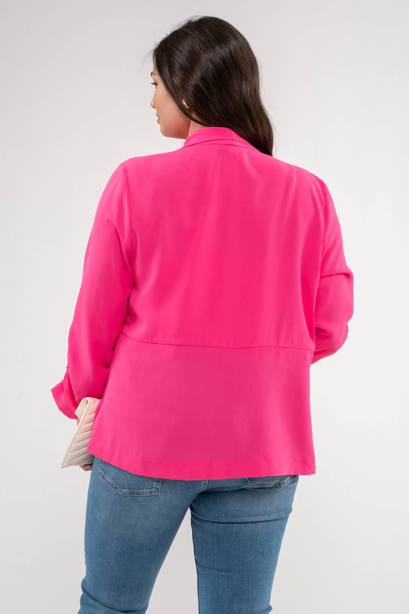 Ruched Sleeve 3/4 Length Blazer with Draped Collar