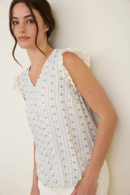 STRIPE FLORAL V NECK LACE TRIM BUTTON DOWN BLOUSE