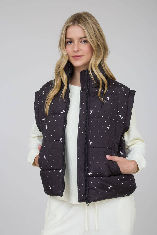 Polka Dot Bow Print Zip-Up Puffer Vest-Black