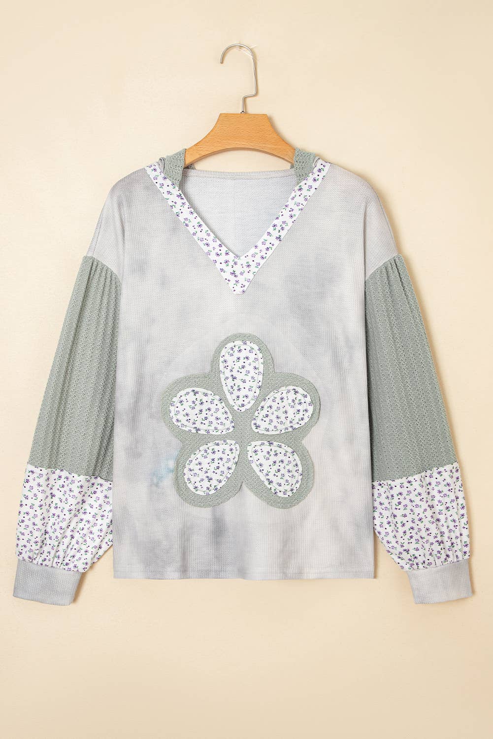 Floral Patch Waffle Colorblock Hooded Top