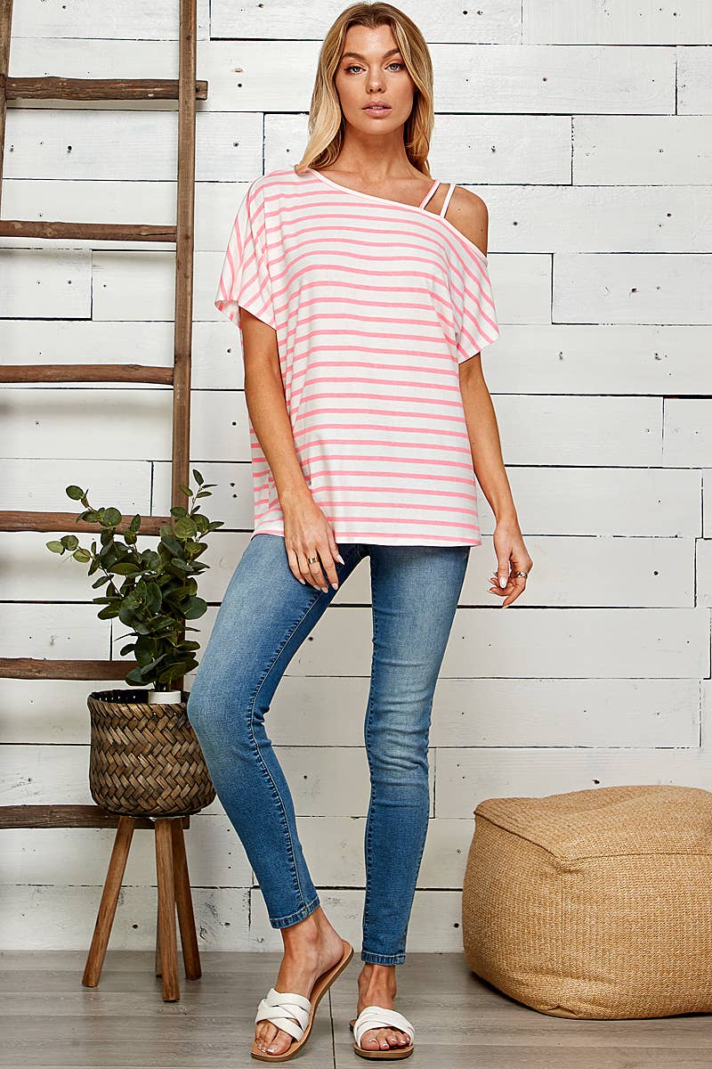 PINK STRIPED SHOULDER TOP WITH STRANDS