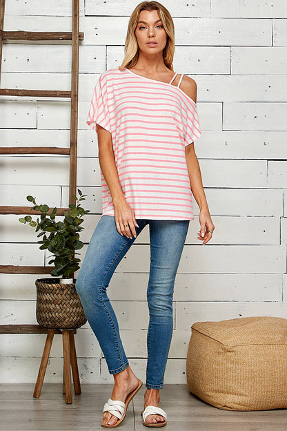 PINK STRIPED SHOULDER TOP WITH STRANDS