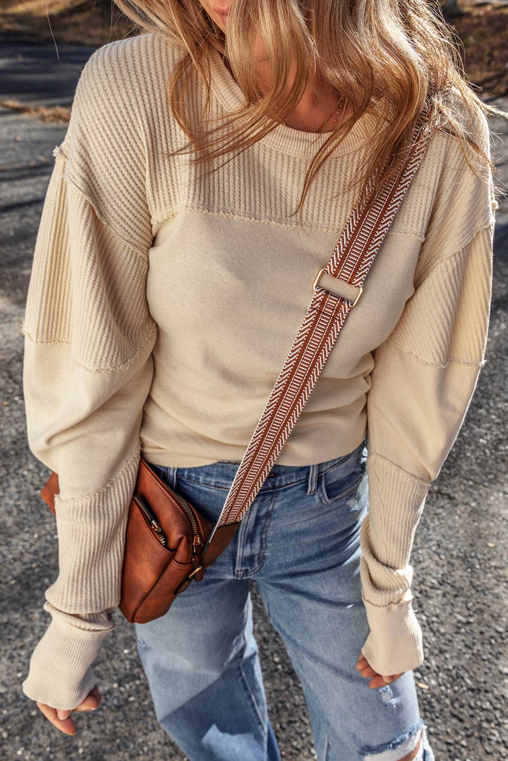 Ribbed Knit Patchwork Exposed Seam Crew Neck Top