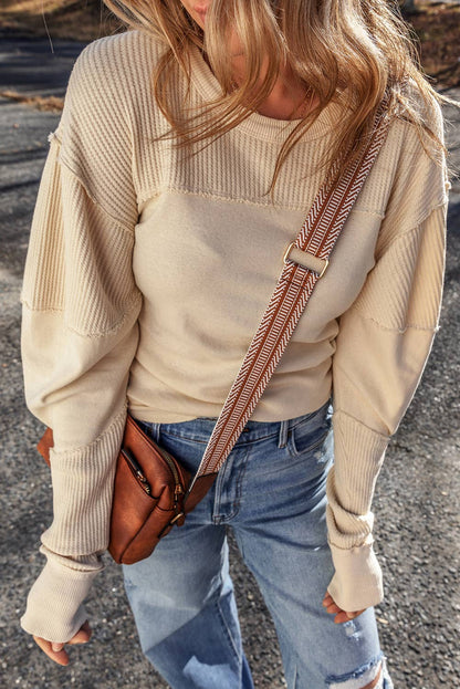 Ribbed Knit Patchwork Exposed Seam Crew Neck Top