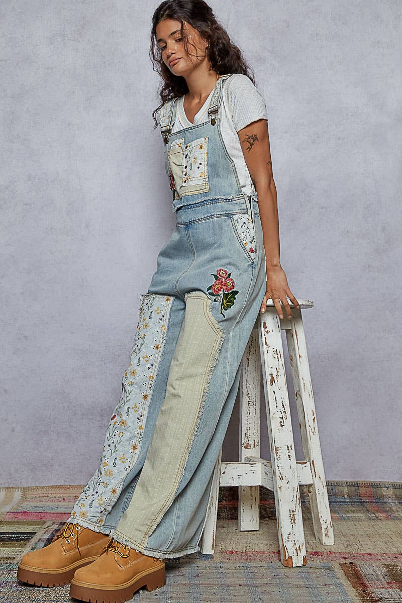 Oversized Patchwork Twill Overall with Embroidery – Soft Denim