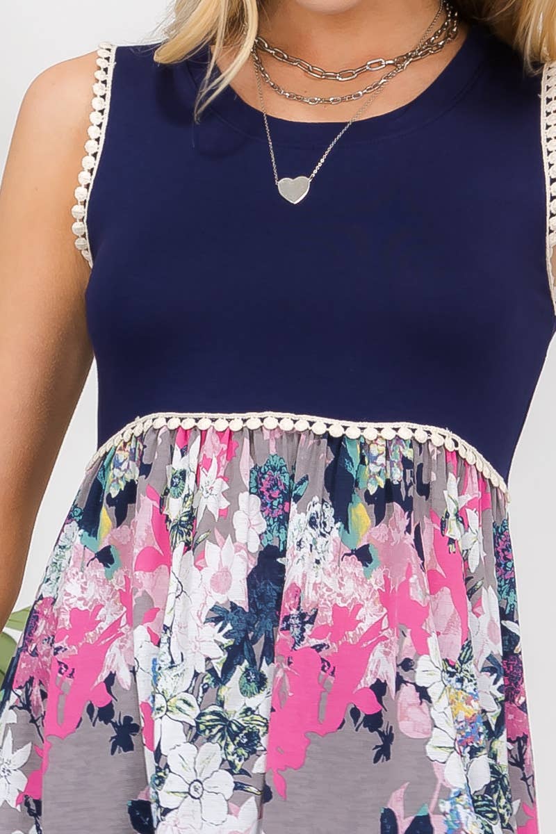 FLORAL CONTRAST BABY DOLL W/ LACE TRIM