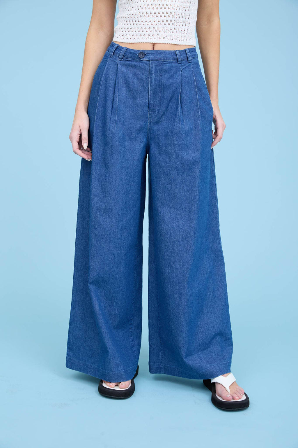 PLEATED WIDE LEG CHAMBRAY PANTS