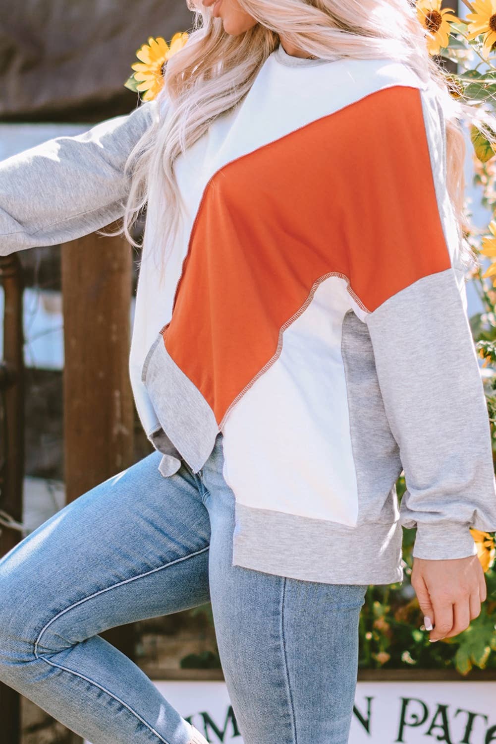 Color block Stitching Irregular Hem Long Sleeve Top