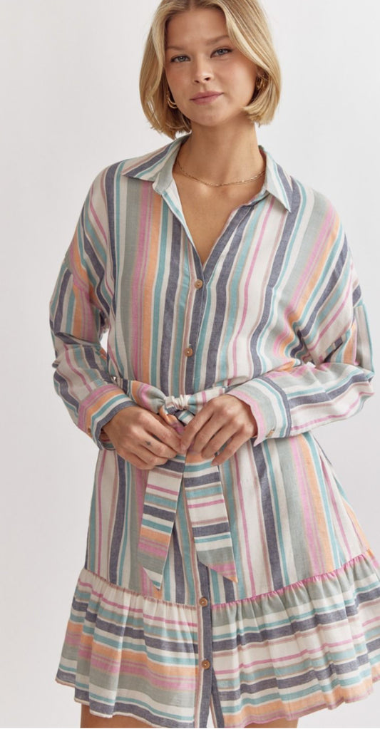 Striped Collard Button Mini Dress