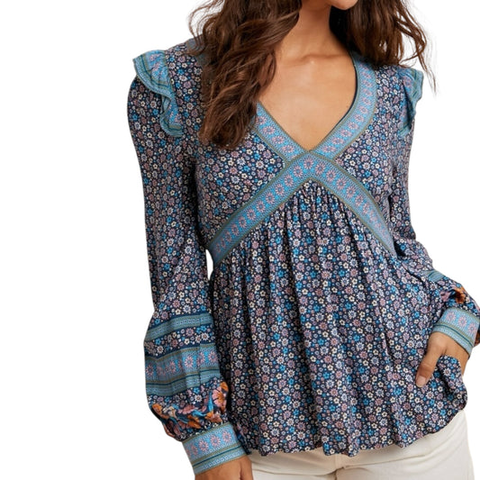 Border Print Floral Peplum Top – Multicolor