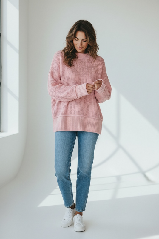 Cozy Blush Waffle Knit Sweater – Oversized