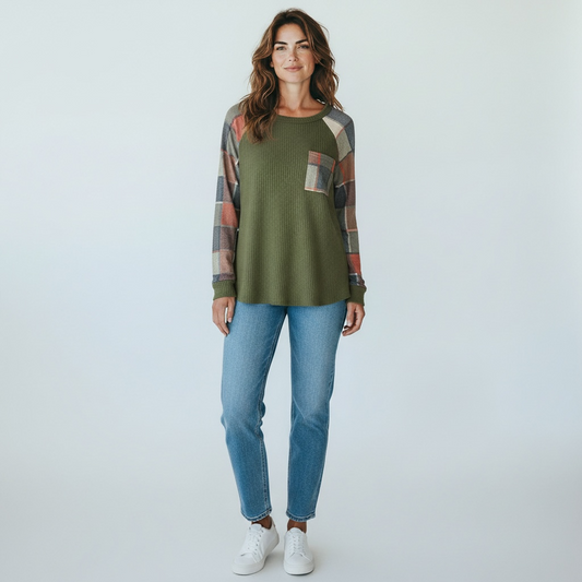 Plaid Sleeve Waffle Knit Top