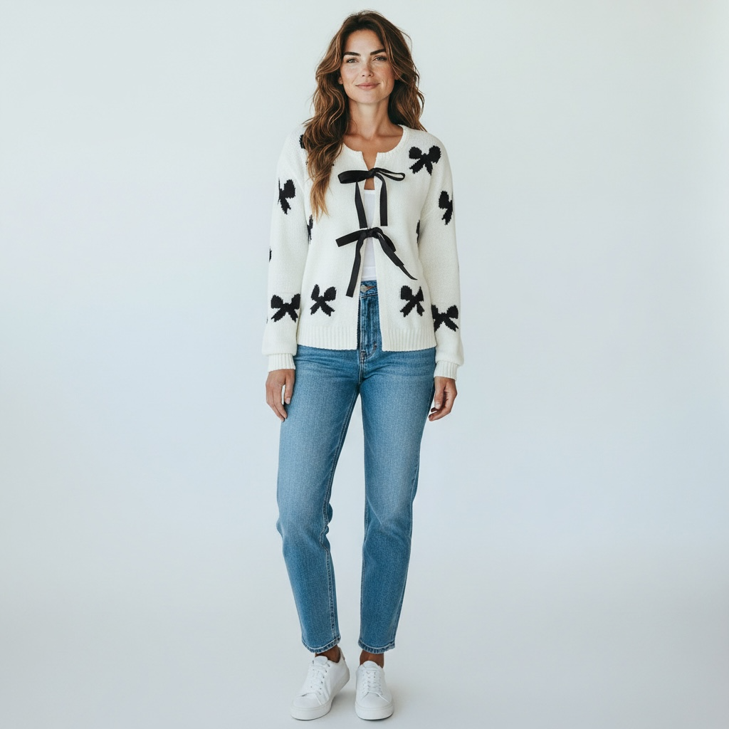 Lace-Up Bow Pattern Sweater Cardigan – White