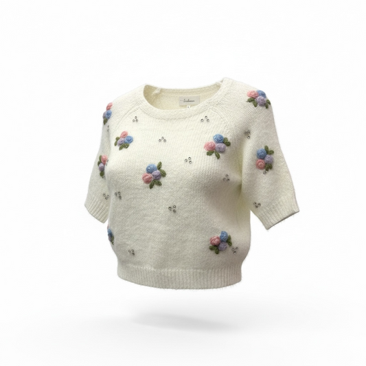 Floral Embroidered Rhinestone Short Sleeve Knit Sweater Top