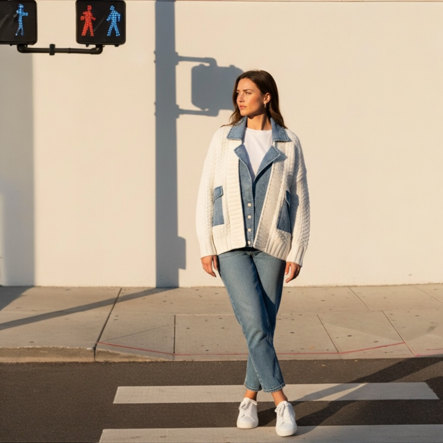 Mixed Media Cable Knit Denim Trim Jacket – Natural