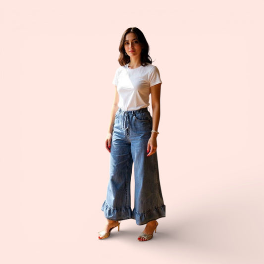 Washed Blue Denim Ruffle Waist Wide Leg Pants